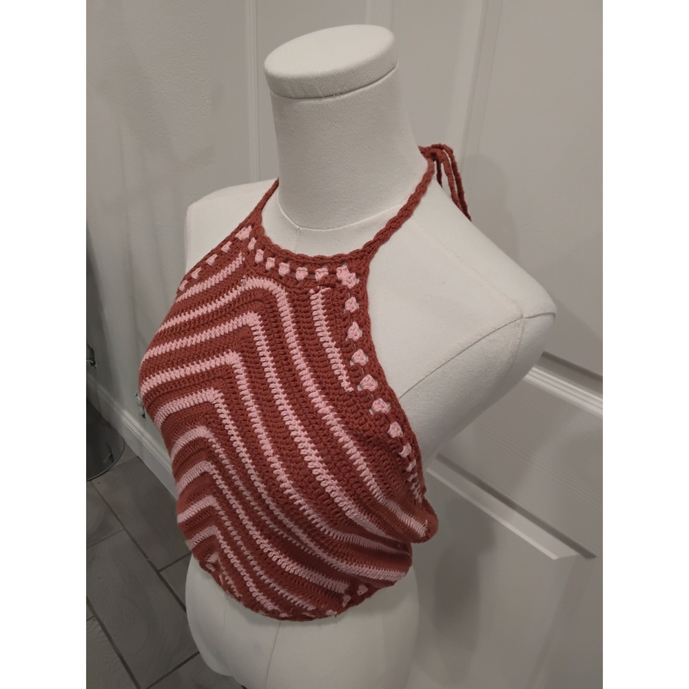 Forever 21 Pink Rust Crochet Halter Top Chevron Boho Festival Crop Tank Medium - Picture 2 of 4